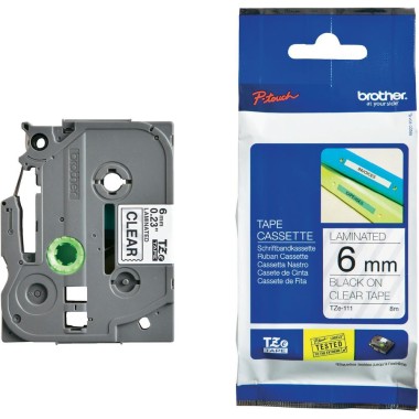 Lipni juostelė Brother TZE-111 6mm, juodas ant skaidrios, Originali