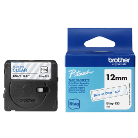 Brother Btag-133 lipni juostelė (12mm, mėlyna ant skaidraus) – Originali