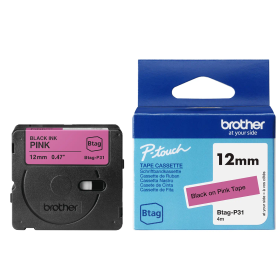 Brother Btag-P31 Lipni juostelė (12 mm, juoda ant rožinės) – Originali