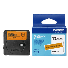 Brother Btag-T31 lipni juostelė (12 mm, juoda ant oranžinės) – Originali