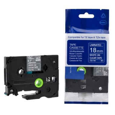 Brother TZE-145 lipni juostelė (18mm,  baltas ant skaidrios) – Eco