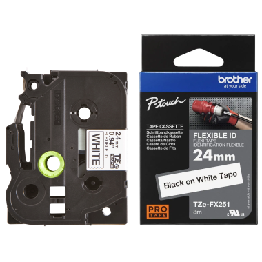 Brother TZE-FX251 Lipni juostelė (24 mm, juodas ant baltos, lanksti) – Originali