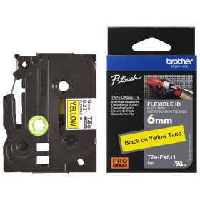 Brother TZe-FX611 Lipni juostelė (6 mm, juodas ant geltono, lanksti) – Originali