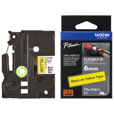 Brother TZe-FX611 Lipni juostelė (6 mm, juodas ant geltono, lanksti) – Originali