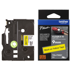 Brother TZe-FX621 Lipni juostelė (9 mm, juodas ant geltono, lanksti) – Originali