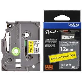 Brother TZe-S631 Lipni juostelė (12 mm, juodas ant geltonos, stipriai lipni) – Originali