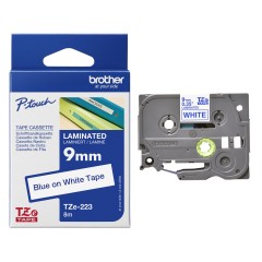 Brother TZE-223 Lipni juostelė (9 mm, mėlyna ant baltos) – Originali