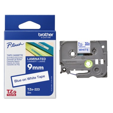 Brother TZE-223 Lipni juostelė (9 mm, mėlyna ant baltos) – Originali