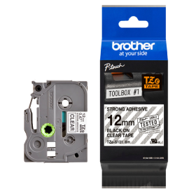 Brother TZe-S131 Lipni juostelė (12 mm, juodas ant skaidrios, stipriai lipni) – Originali