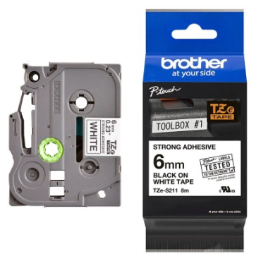 Brother TZe-S211 Lipni juostelė (6 mm, juodas ant baltos, stipriai lipni) – Originali