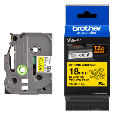 Brother TZe-S641 Lipni juostelė (18 mm, juodas ant geltonos, stipriai lipni) – Originali