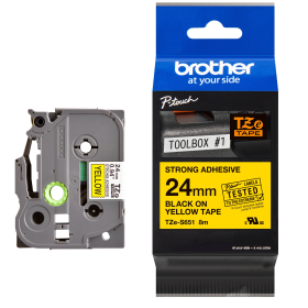 Brother TZe-S651 Lipni juostelė (24 mm, juodas ant geltonos, stipriai lipni) – Originali
