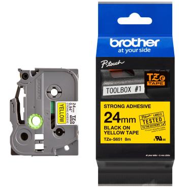 Brother TZe-S651 Lipni juostelė (24 mm, juodas ant geltonos, stipriai lipni) – Originali