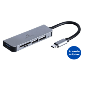 Šakotuvas USB-C Gembird su kortelių skaitytuvu, 3 USB jungtys