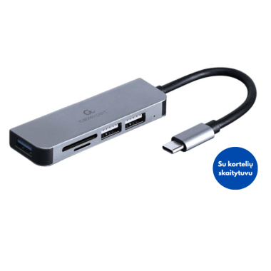 Šakotuvas USB-C Gembird su kortelių skaitytuvu, 3 USB jungtys